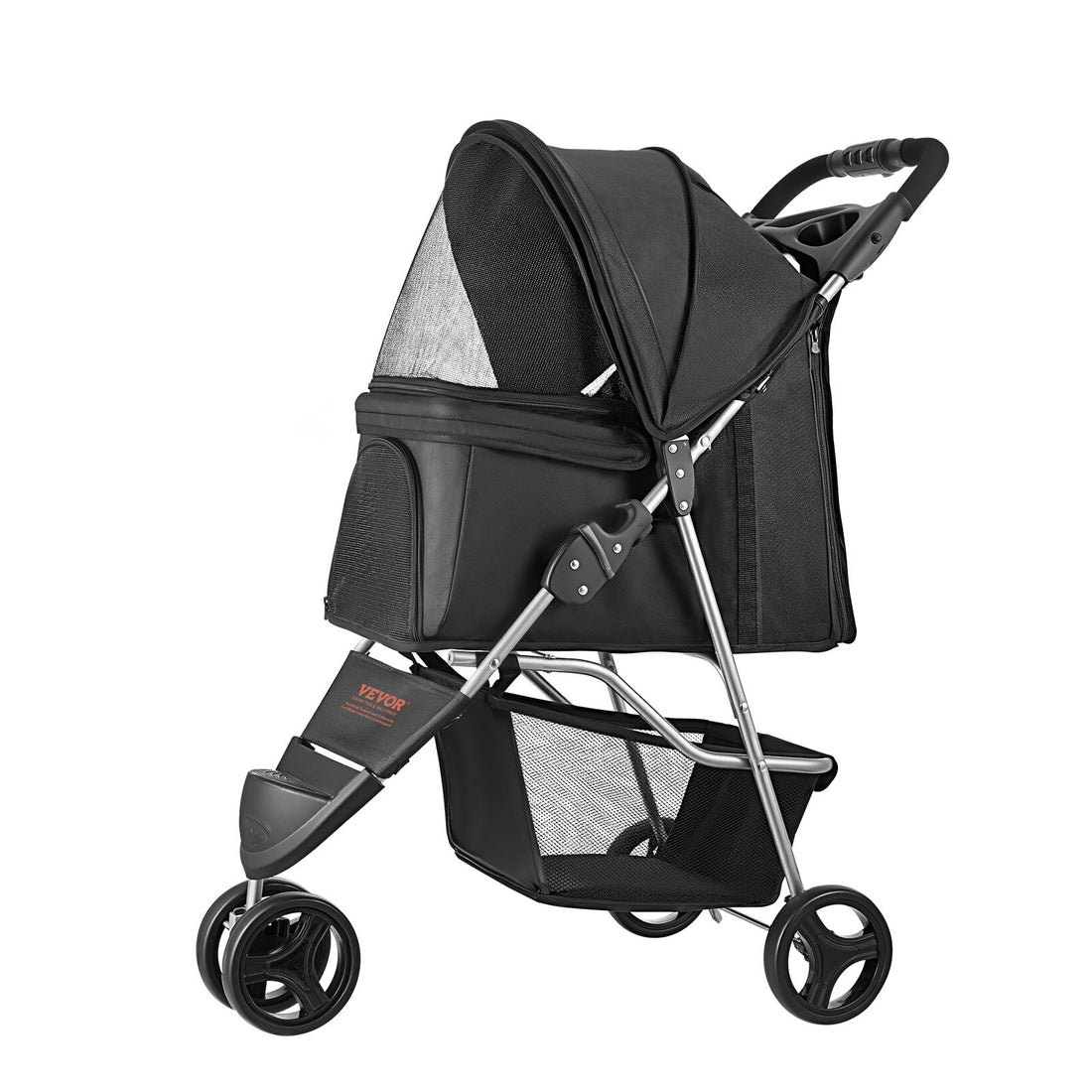 Foldable three-wheel pet stroller for small dogs and cats up to 35 pounds with breathable mesh windows.