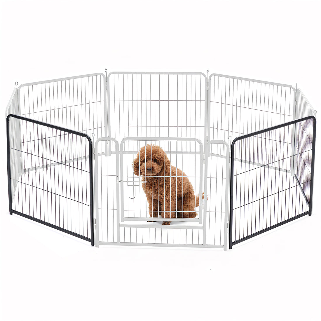 Foldable metal dog playpen with hinged panels for indoor and outdoor use