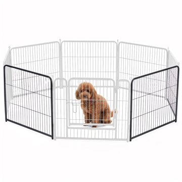 Foldable metal dog playpen with hinged panels for indoor and outdoor use