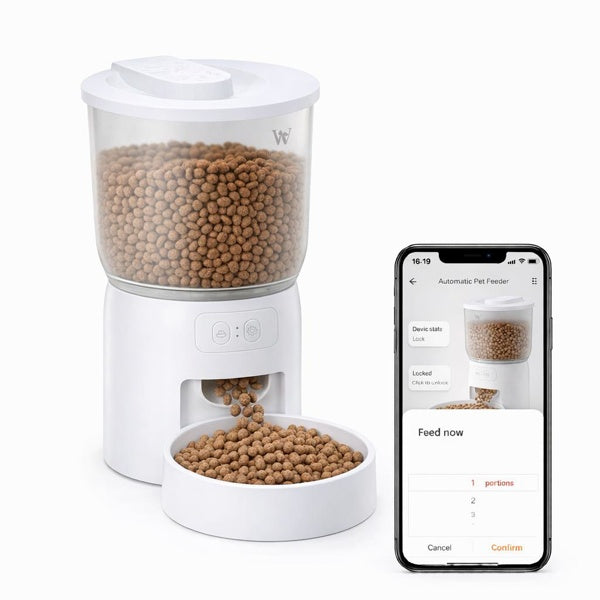 Smart WiFi automatic pet feeder with a food storage container for daily pet feeding